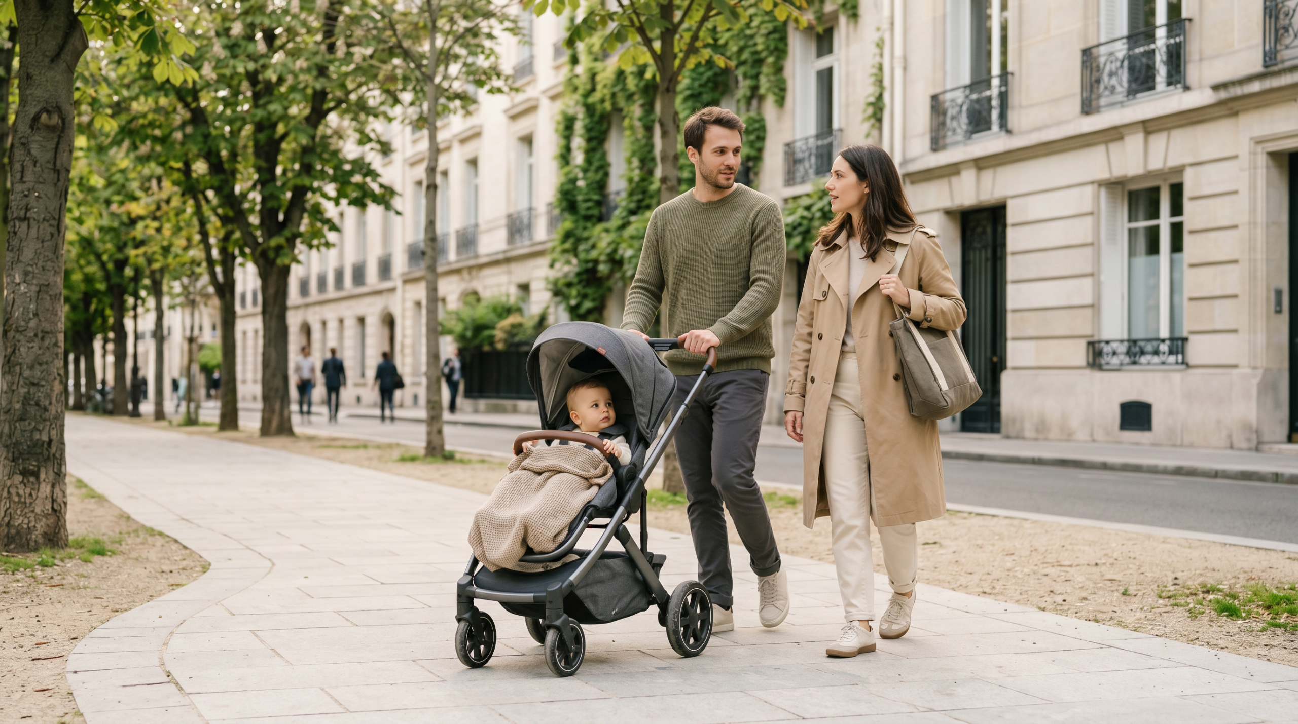 Parent avec bébé en poussette dans un environnement du quotidien