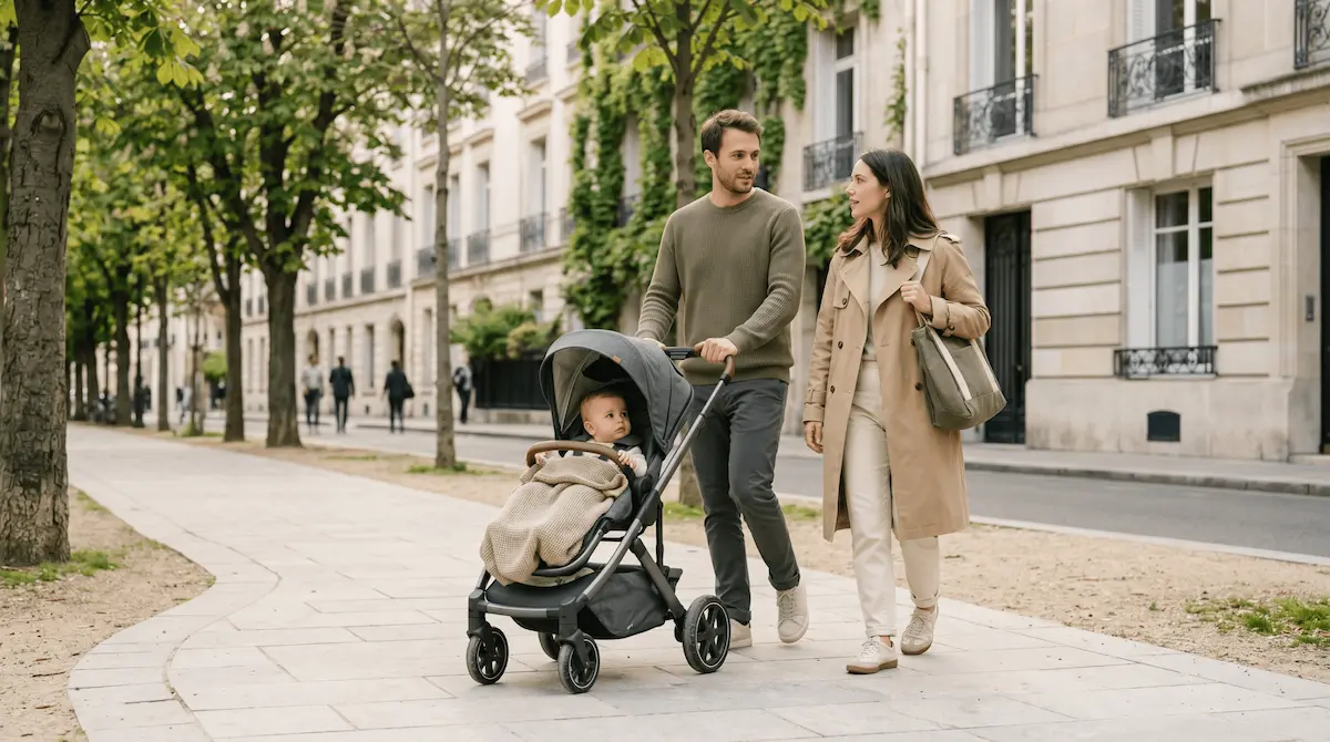 Parent utilisant une poussette bébé compacte au quotidien