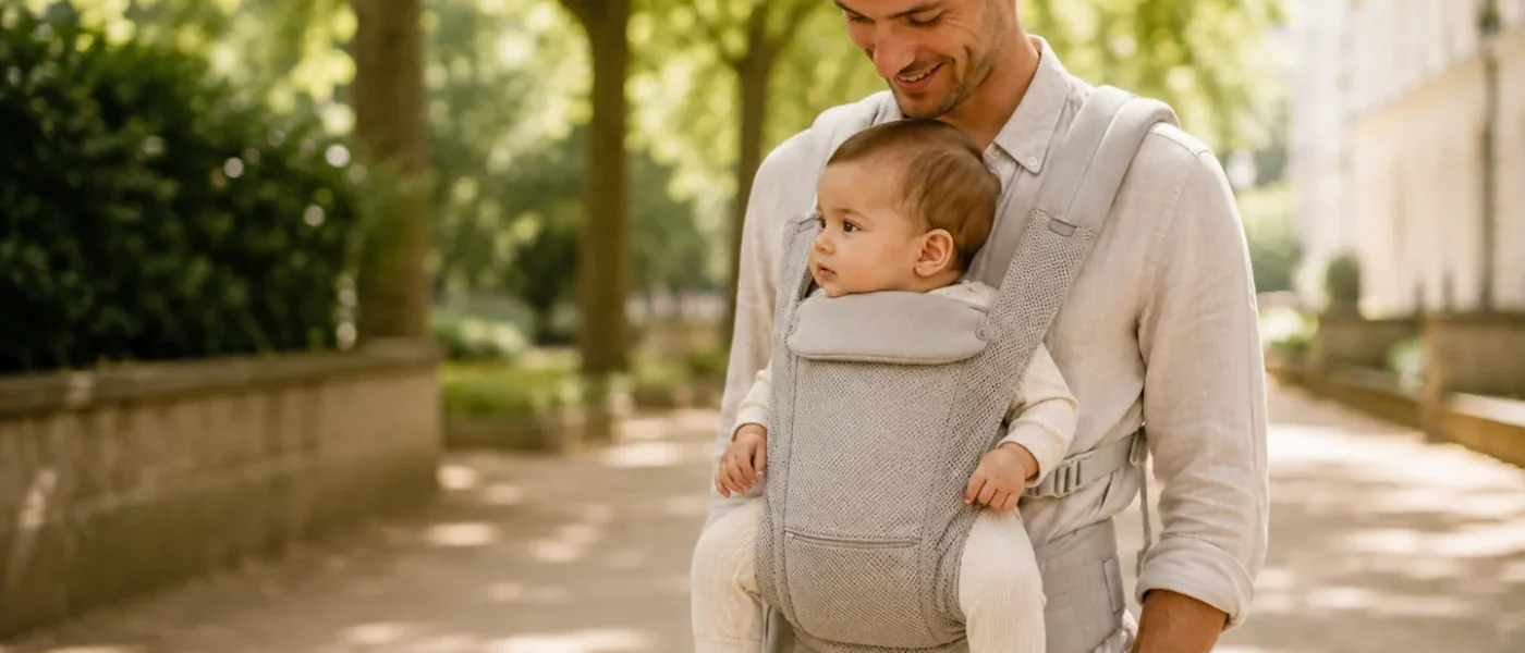 Parent portant son bébé dans un porte-bébé aéré lors d’une promenade estivale