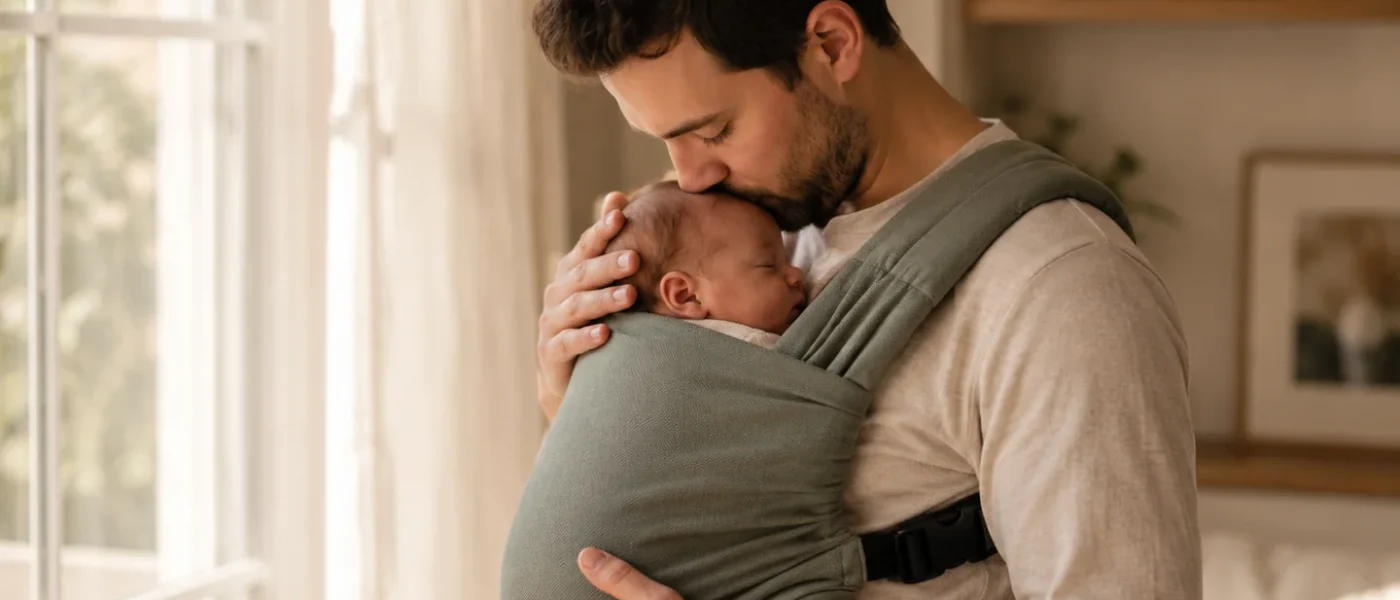 Père portant un nouveau-né haut contre lui dans un porte-bébé souple