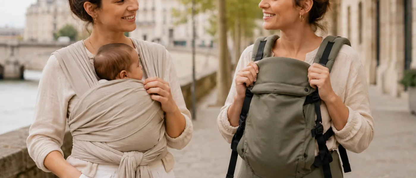 Comparaison visuelle entre une écharpe de portage et un porte-bébé structuré