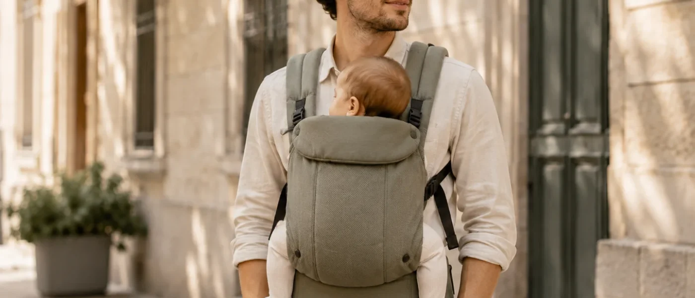 Parent portant son bébé face à lui dans un porte-bébé ajusté