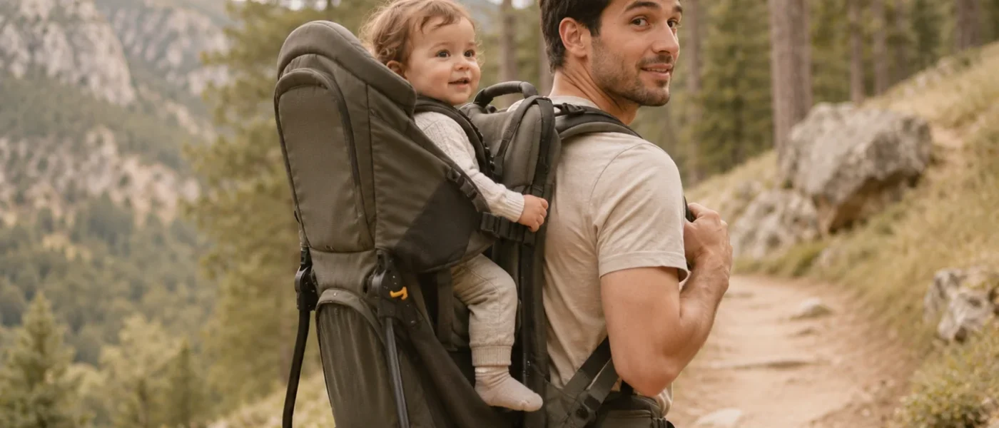 Parent en randonnée portant un enfant dans un porte-enfant à armature