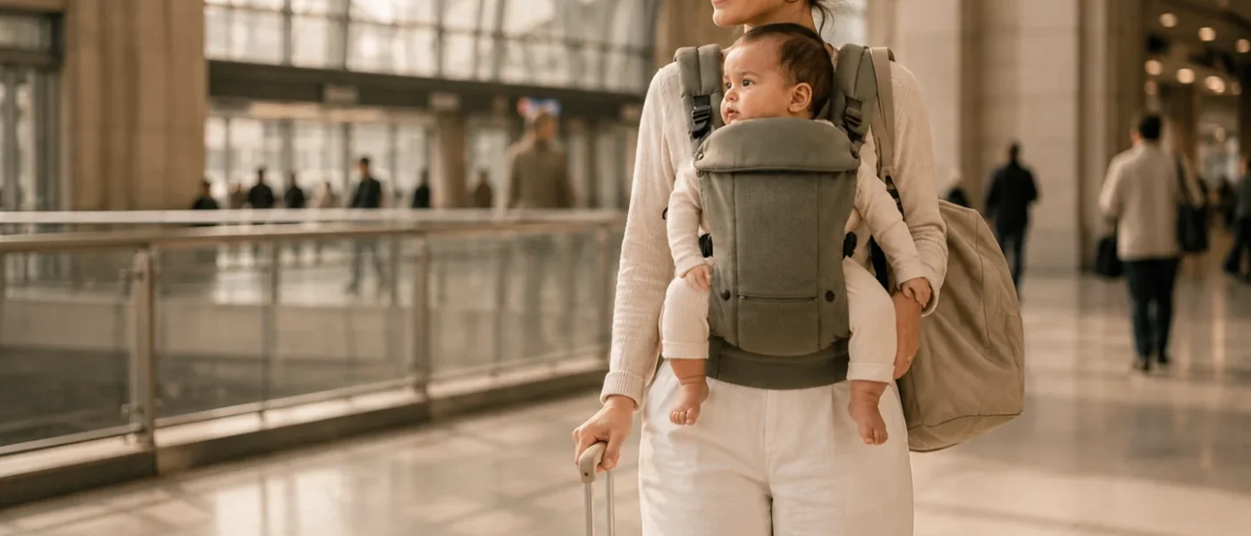 Parent voyageant avec son bébé en porte-bébé et une valise dans une gare