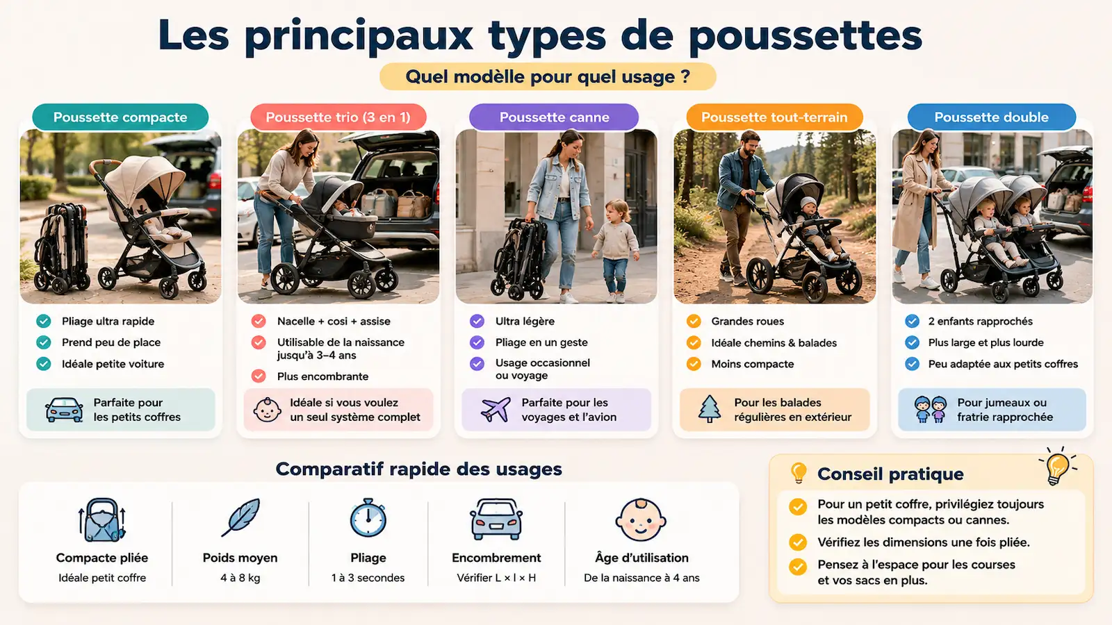 Comparatif des principaux types de poussettes bébé : compacte, trio, canne, tout-terrain et double