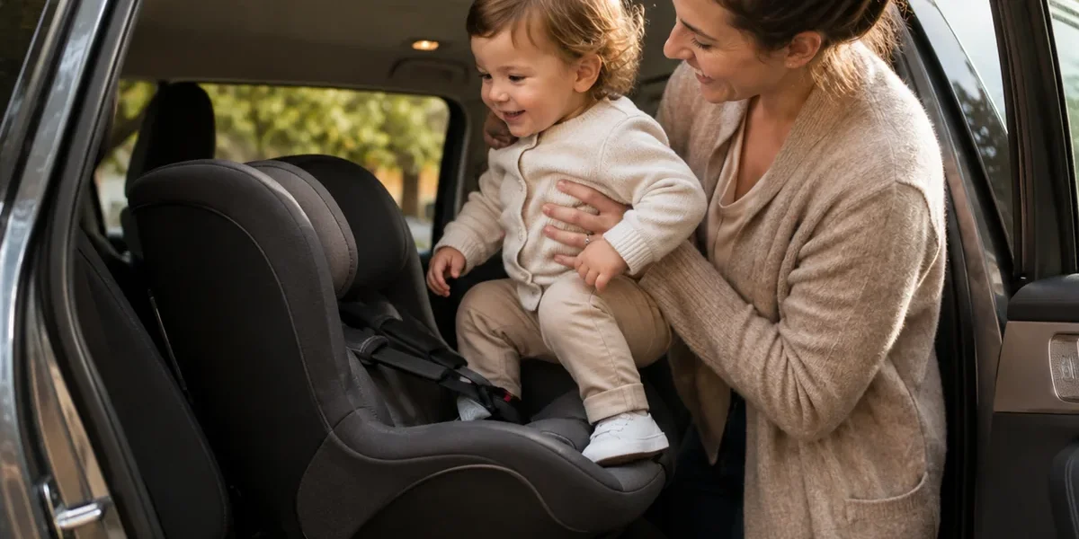 Parent installant un jeune enfant dans un siège auto sur la banquette arrière