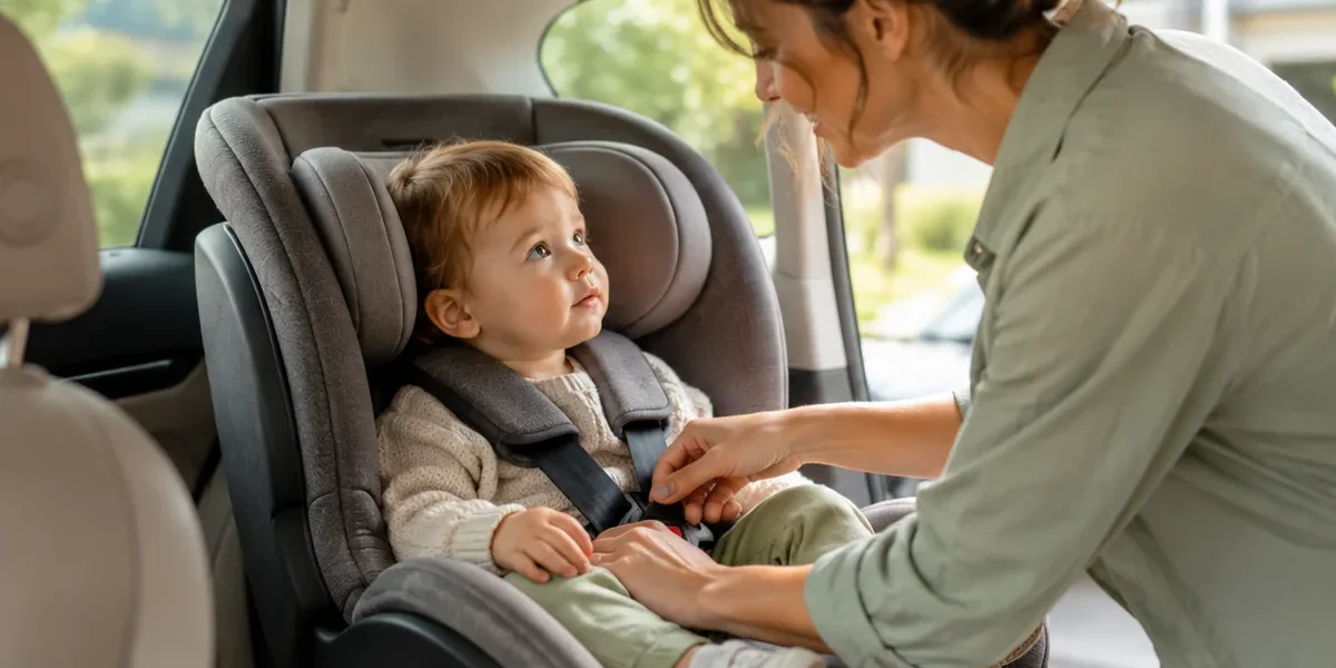 Parent attachant un enfant dans un siège auto à l’arrière d’une voiture