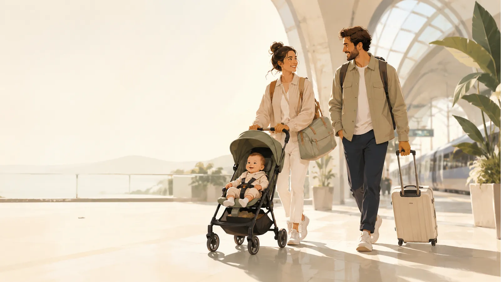 Famille voyageant avec un bébé en poussette dans une gare lumineuse