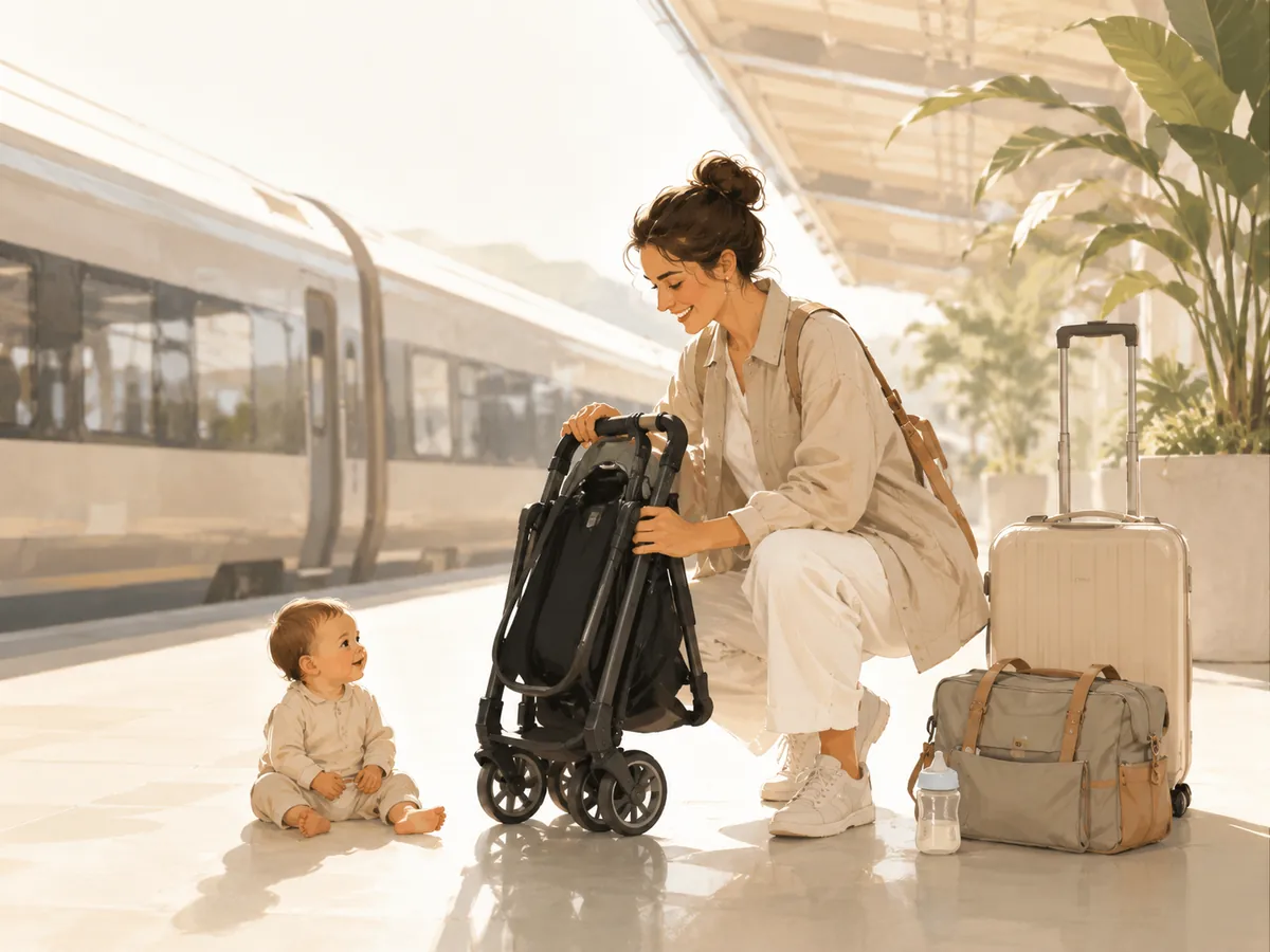 Parent préparant une poussette compacte avant un voyage en train