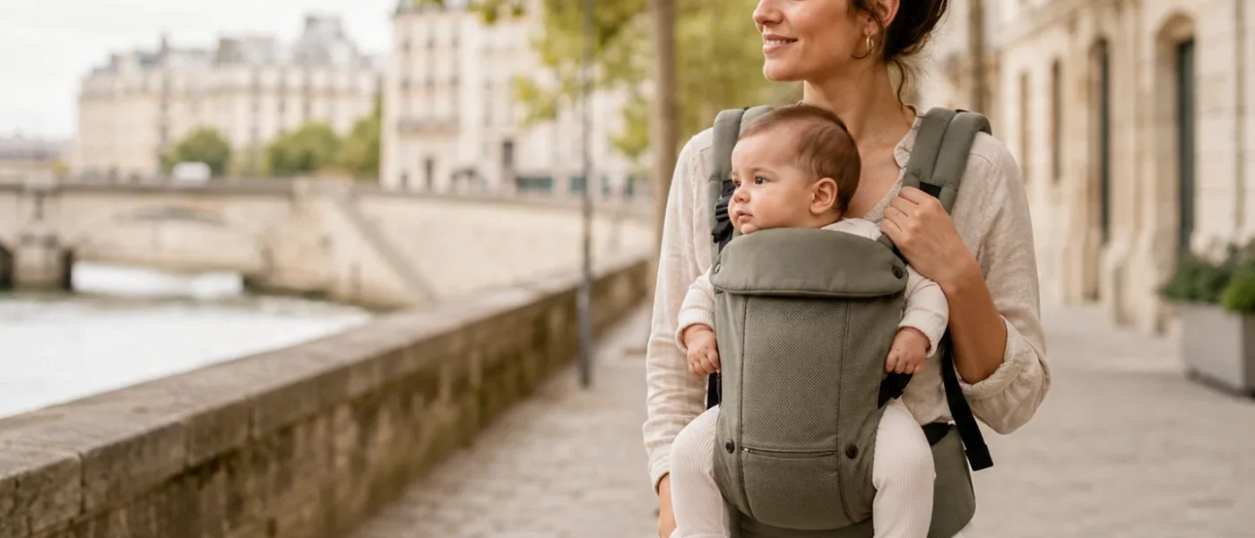 Parent portant son bébé dans un porte-bébé lors d’une promenade en ville