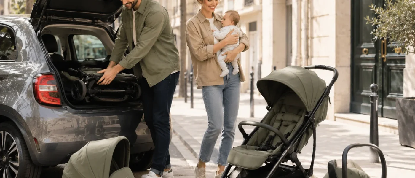 Famille préparant une poussette trio compacte près d’une petite voiture