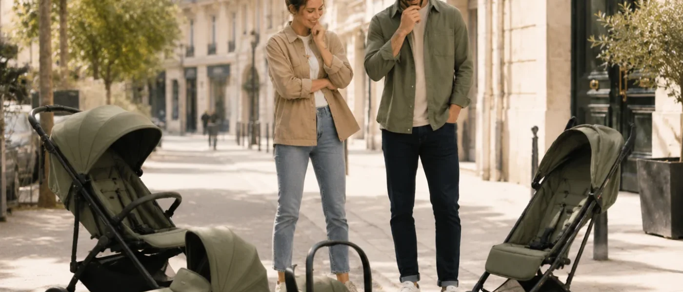 Parents comparant une poussette trio et une poussette compacte en ville
